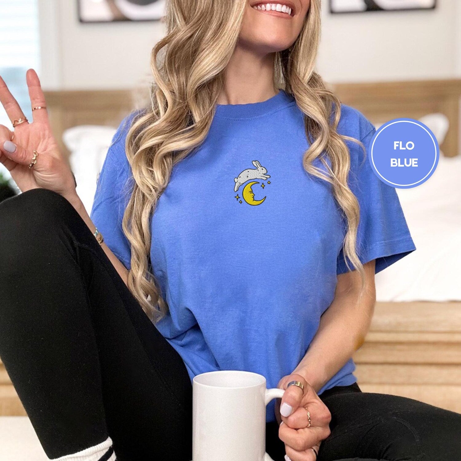 Bunny Rabbit Over the Moon Embroidered Comfort ColorsÂ® Tee â Whimsical Night Sky Shirt, Cottagecore Moon Bunny Aesthetic