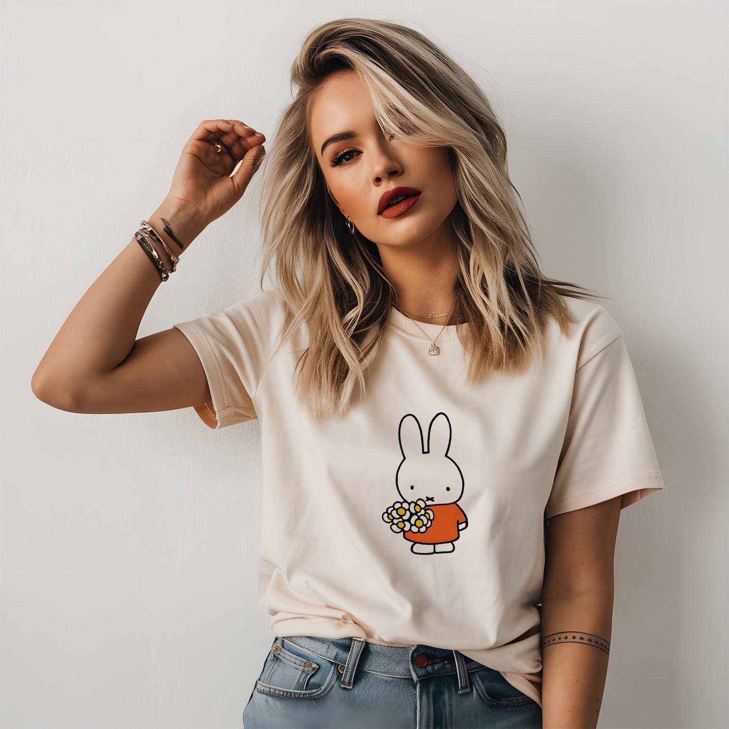 Cute Miffy Unisex Garment-Dyed T-shirt, Bunny Lover Gift, Rabbit Graphic Tee, Kids Book Character Shirt, Minimalist Cartoon Top