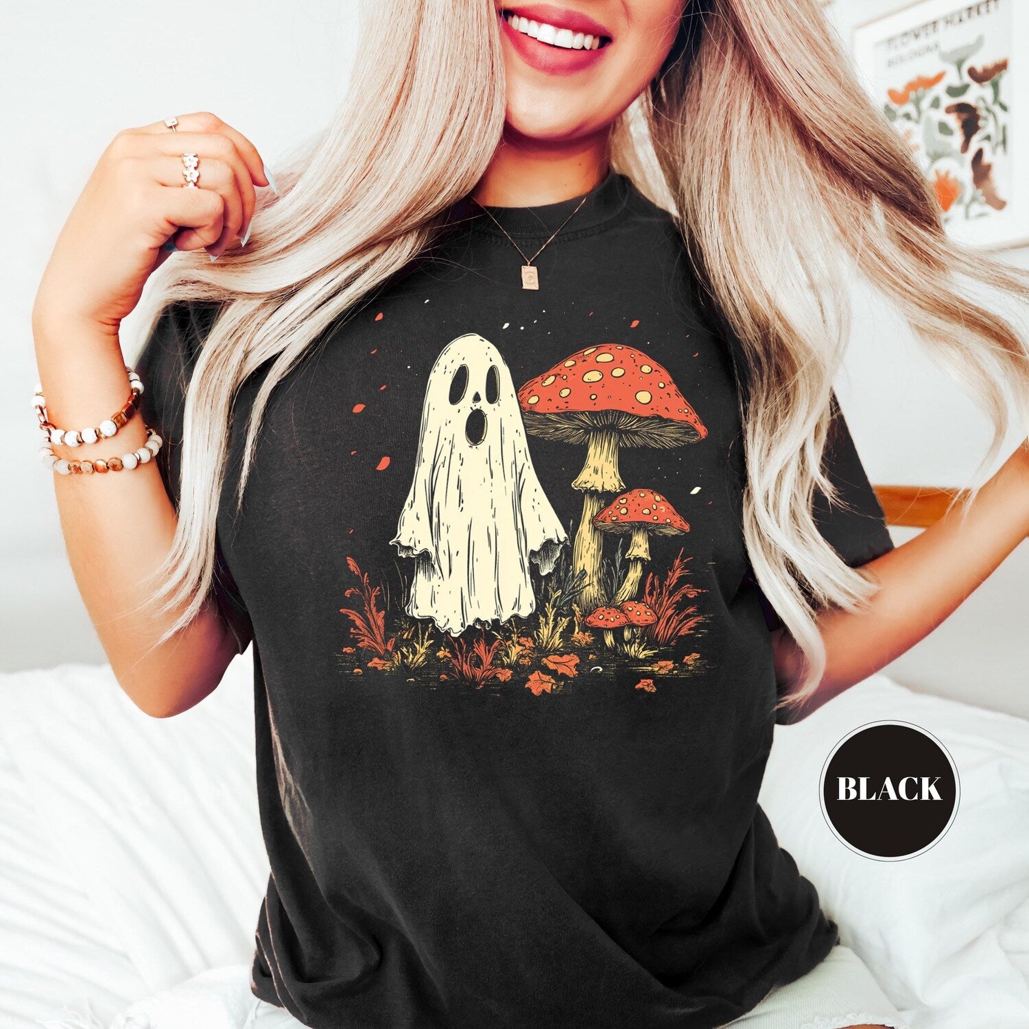 Cottagecore Ghost Mushroom T-Shirt, Comfort ColorsÂ® Halloween Shirt, Spooky Season Tee, Autumn Outfit, Cute Women Attire, Fall Sweatshirt