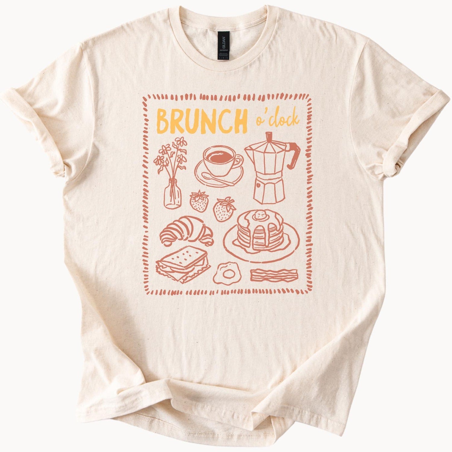 Brunch O Clock Graphic Tee Breakfast Food Coffee Pancakes Croissant Bacon Egg Flowers Cute Aesthetic T Shirt Gift for Food Lovers