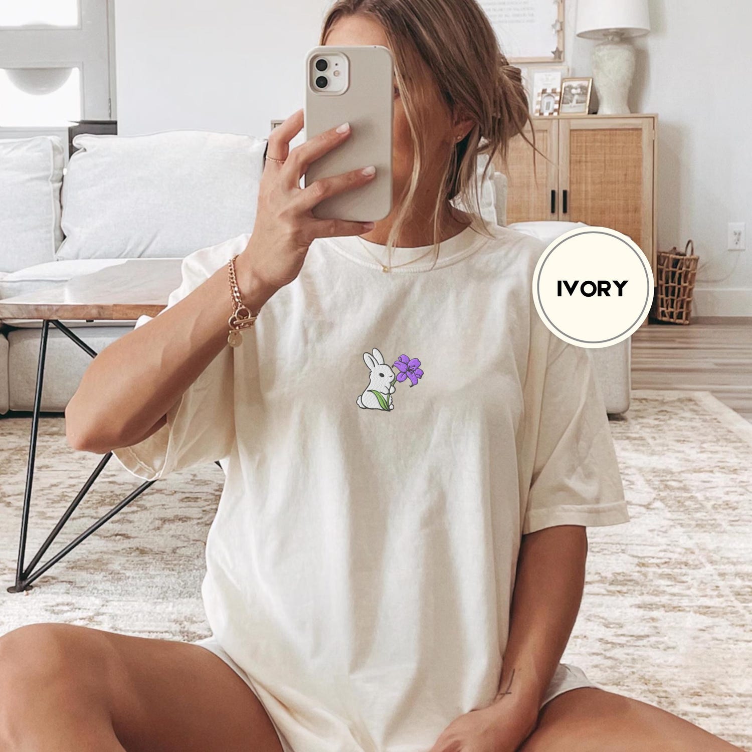 Bunny and Flower Embroidered Comfort ColorsÂ® T-Shirt â Cute Soft Aesthetic Naturecore Tee