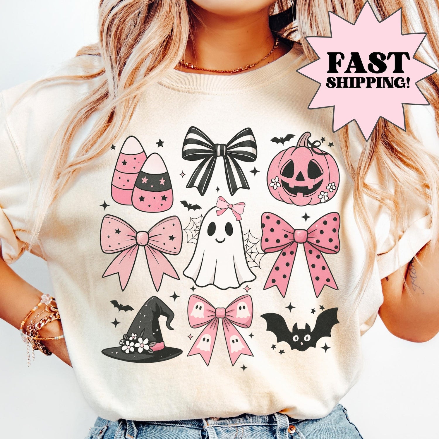 Comfort Colors Halloween Shirt, Halloween Spooky Shirt, Fall Shirt, Pink Girly Bows Halloween Tee, Cute Ghost Shirt, Halloween Gift