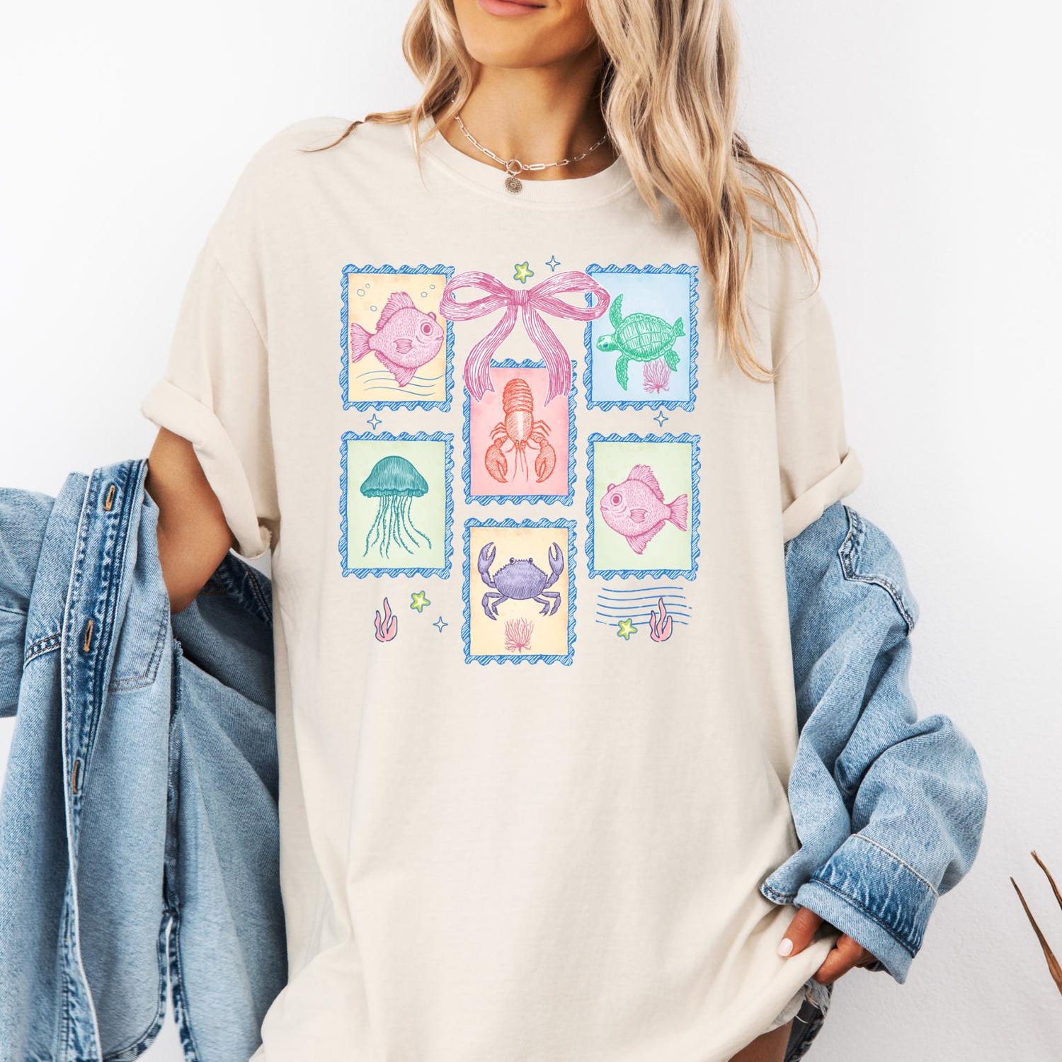 Comfort ColorsÂ® Ocean Life Stamp Shirt, Beach T-Shirt, Vintage Sea Stamps, Coastal Aesthetic Tee, Ocean Lover, Cute women tee, Sea shirt