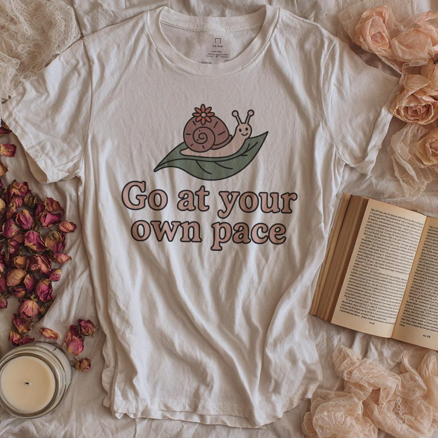 Go At Your Own Pace Shirt, Cottagecore Snail Tee, Bella Canvas Mental Health T-Shirt, Slow Living Aesthetic Top, Soft Girl Comfort Graphic