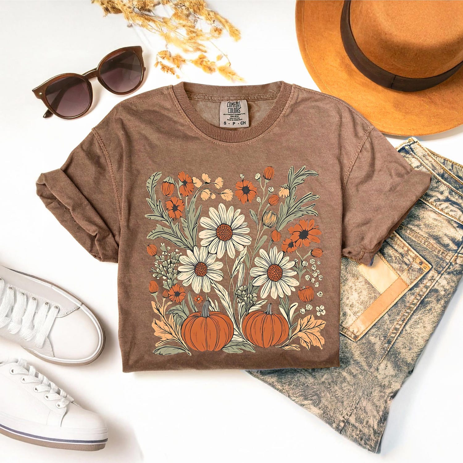 Comfort ColorsÂ® Floral Pumpkin Fall Shirt, Flower Pumpkin Shirt, Aesthetic Fall Graphic Tee, Pumpkin Patch Shirt, Boho shirt, Women shirt,