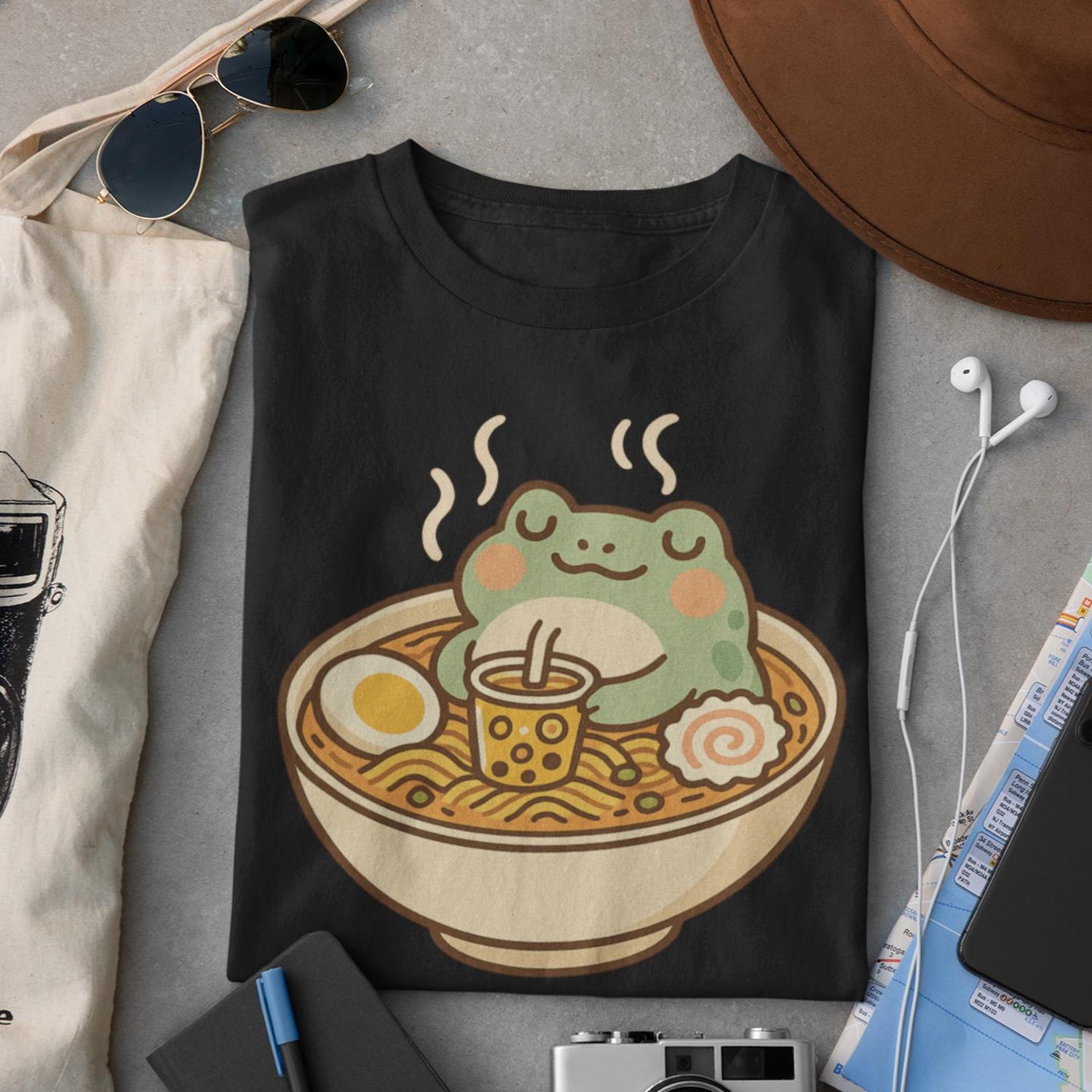 Kawaii Frog Ramen T-Shirt | Cute Noodle Bowl Graphic Tee with Boba, Cozy Japanese Food Shirt, Funny Kawaii Animal Lover Gift