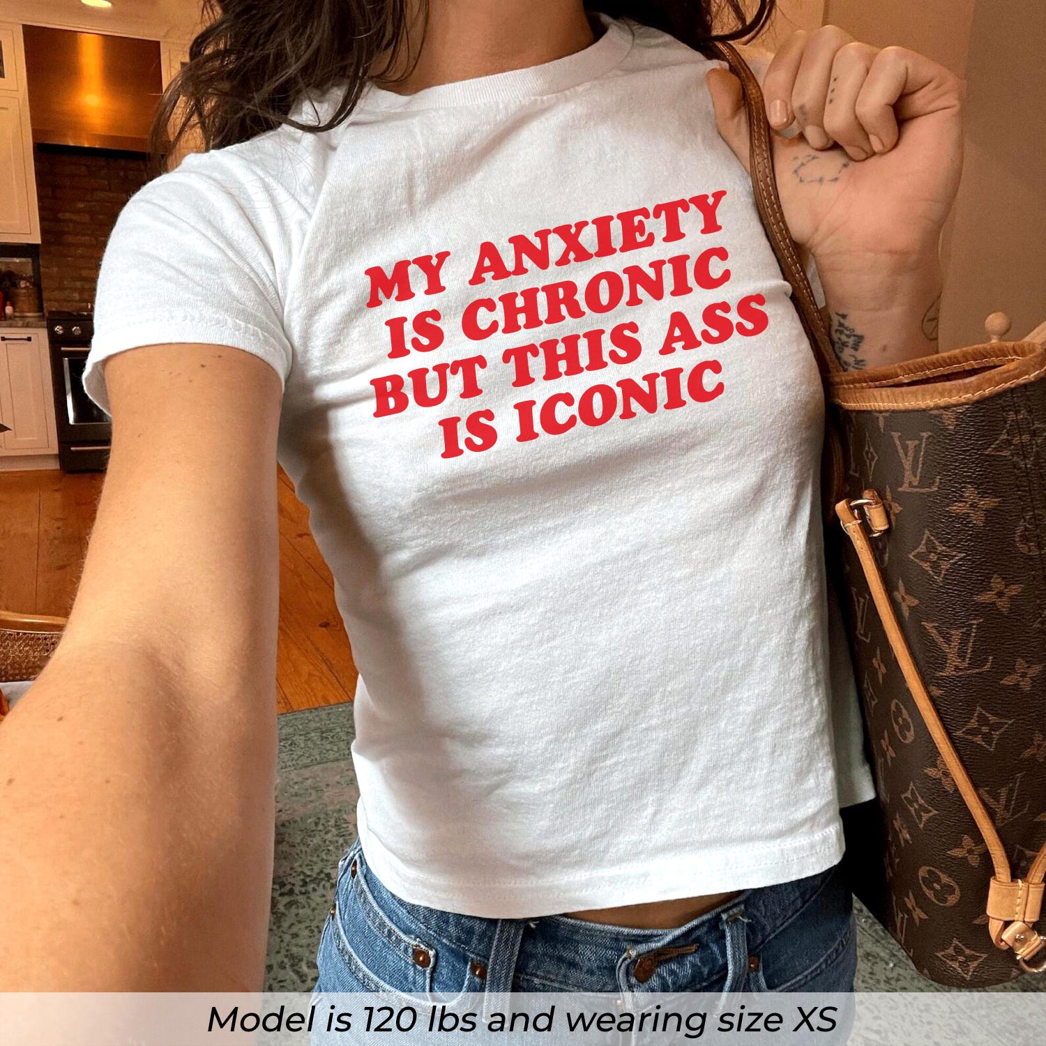 My Anxiety Is Chronic But This Ass Is Iconic Baby Tee, Funny Y2K Graphic Tee, Baddie Quote Crop Top, Tumblr Meme Shirt, Viral Internet Tee