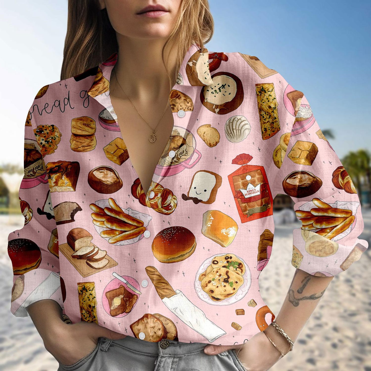 Bread Girlies Blouse Shirt, Pink Bakery Print Button Up Top, Kawaii Bread Lover Shirt, Cute Carb Aesthetic Oversized Shirt