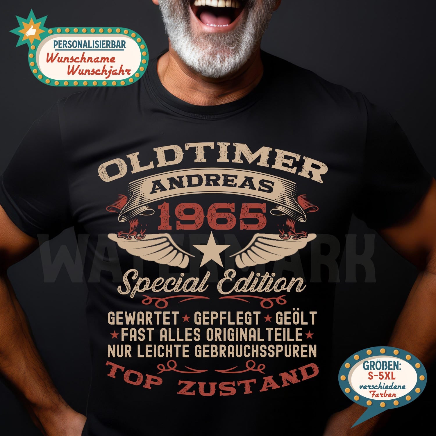 60th Birthday Gift for Men â Personalized Vintage Car T-Shirt â Year of Manufacture 1965 â Funny Menâs Shirt 60th Birthday â Party Shirt with Name