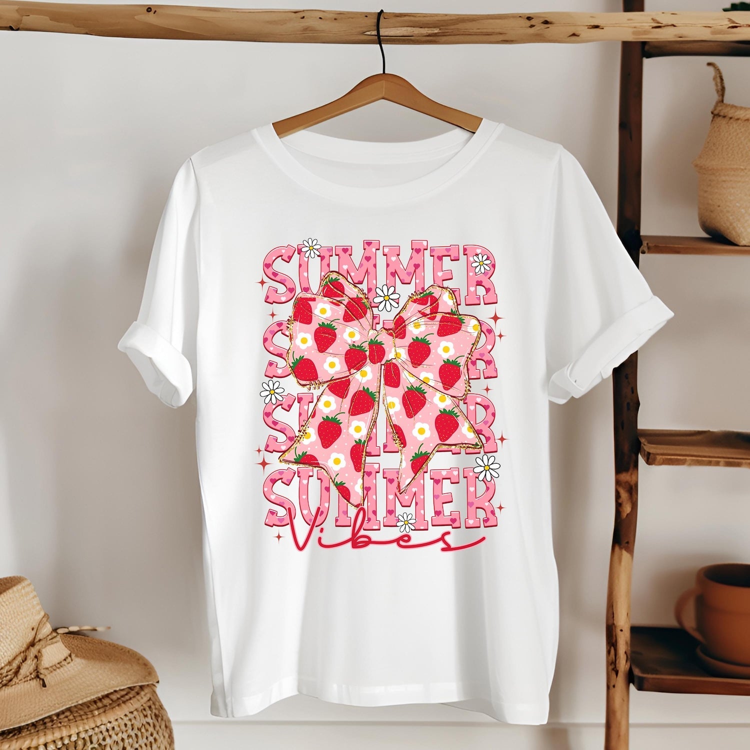 Summer Vibes Strawberry Bow T-Shirt, Cute Fruit Graphic Tee, Kawaii Summer Shirt, Girly Strawberry Shirt, Fun Summer Aesthetic Tee