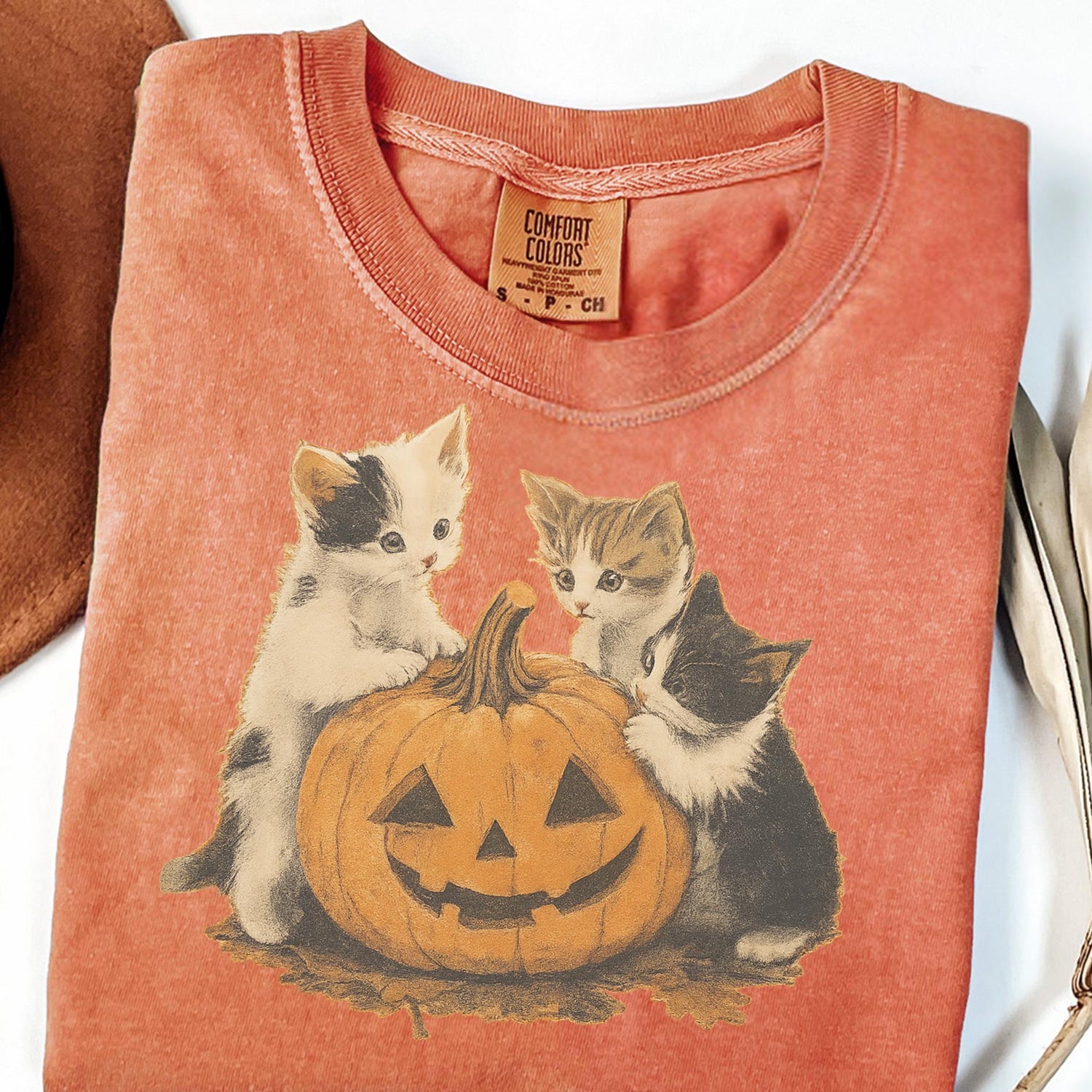 Halloween Cat Shirt â Vintage Style Pumpkin Tee with Cute Kittens â Comfort Colors Fall T-Shirt â Spooky Season Aesthetic Unisex Tee