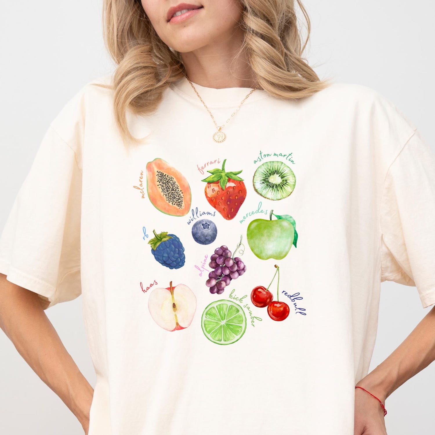 Formula 1 Cute Fruit T-shirt: F1 Merch, Aesthetic Fan Gift, Cute Tee, McLaren, Mercedes, Alpine, Hass, Aston Martin, Sauber, Comfort Colors