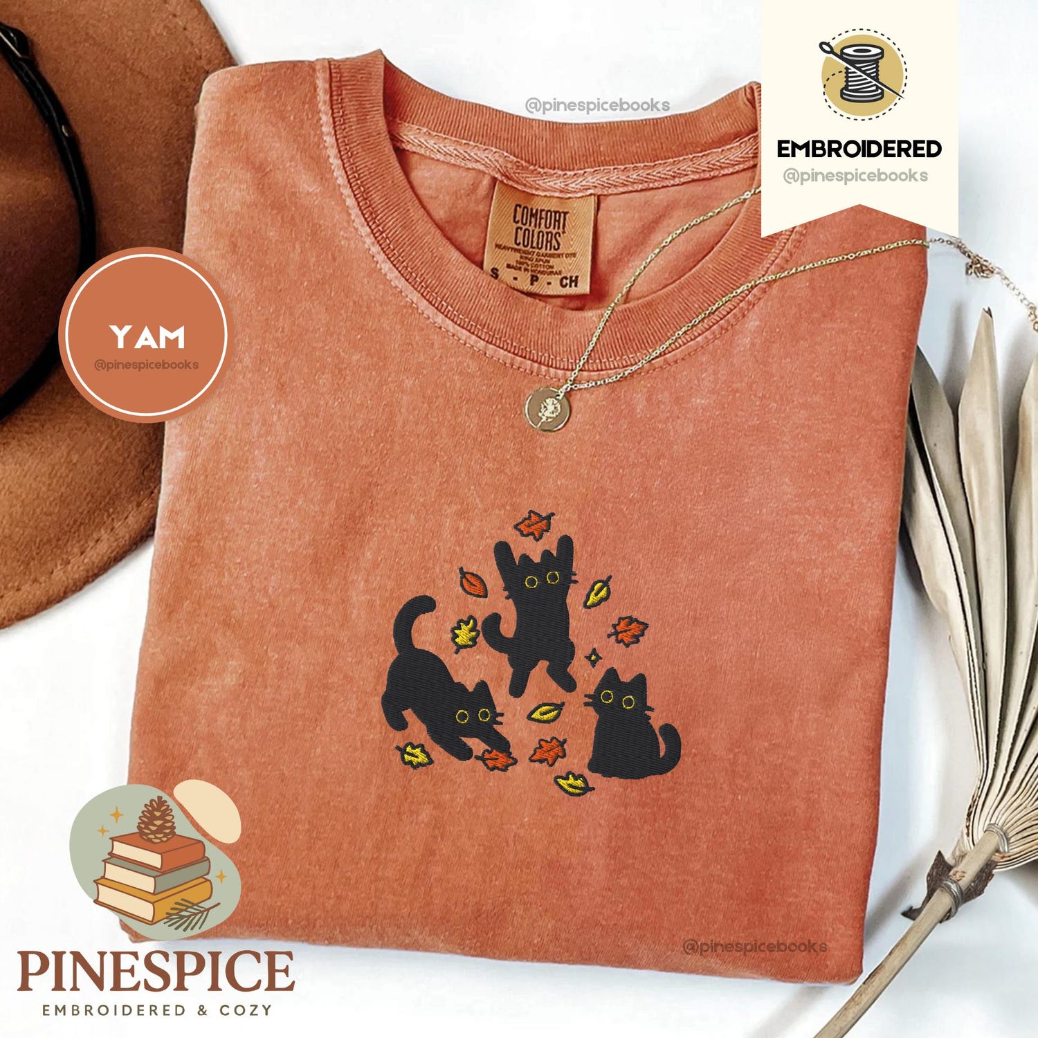 Black Cats and Fall Leaves Tee, Embroidered Autumn Cat Shirt, Comfort Colors 1717, Cute Fall T-Shirt, Cozy Cat Lover Gift, Autumn Aesthetic