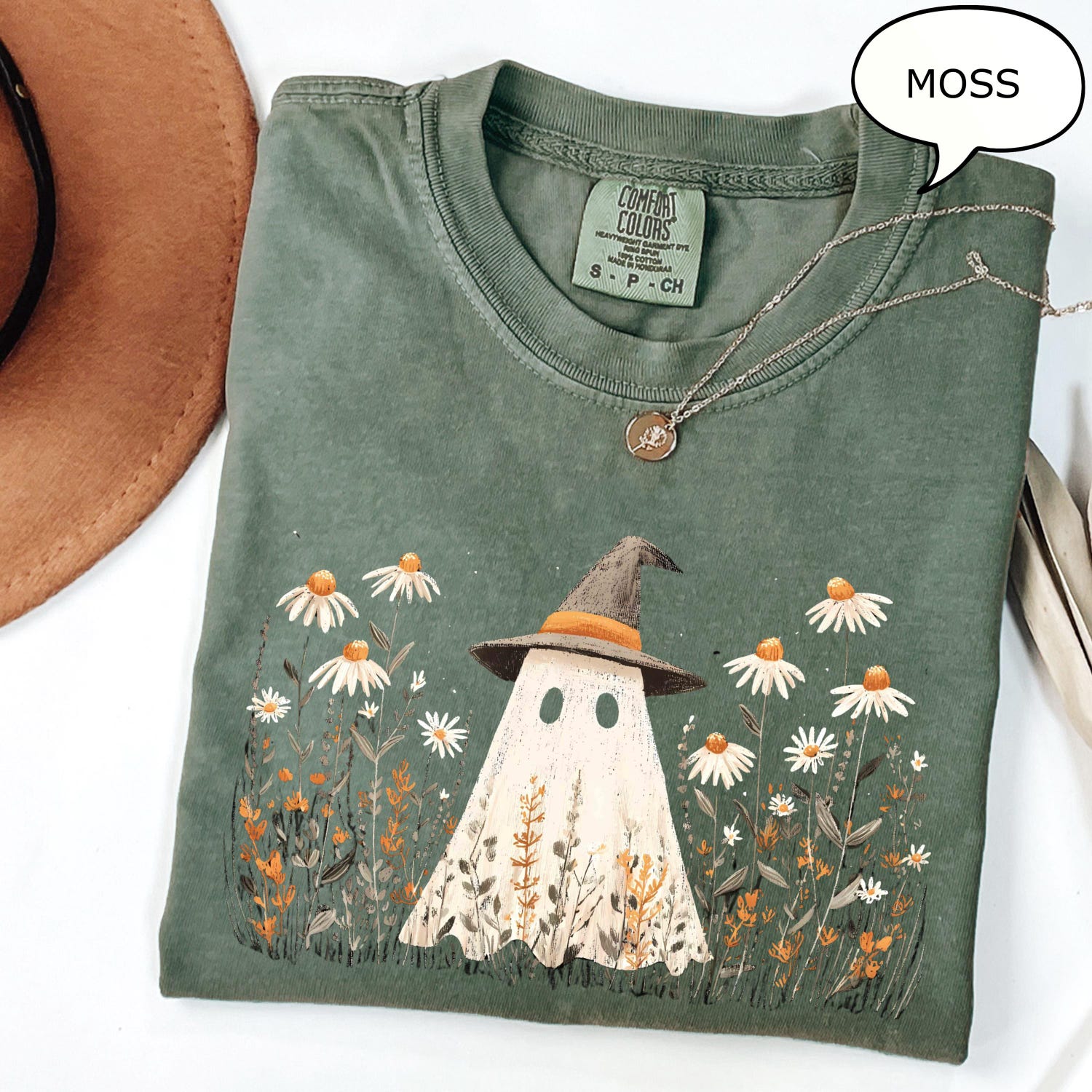 Comfort ColorsÂ® Cute Ghost T-Shirt, Floral Ghost Shirt, Retro Halloween Shirt, Fall Aesthetic Halloween Shirt, Daisy Flower Shirt