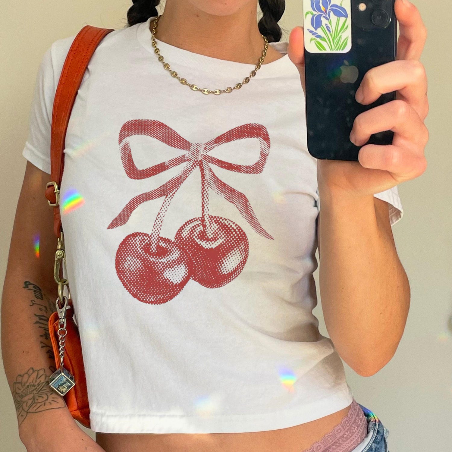 Cherry Baby Tee - Coquette Bow Baby Tee, Trendy Babytee, Pinterest Style Babytee, Y2k Babytee, Cherry Ribbon Shirt, Aesthetic Baby Tee