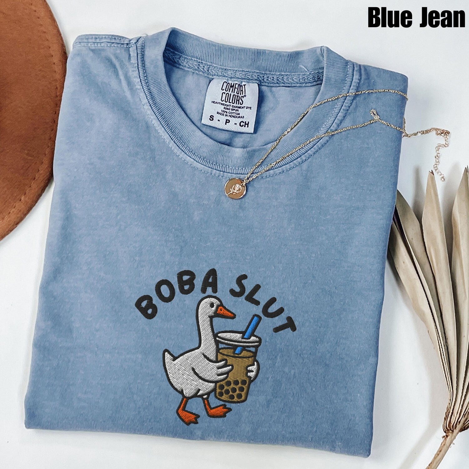 Embroidered Boba Lover Shirt, Funny Bubble Tea Goose Tee, Comfort ColorsÂ® Milk Tea Top, Kawaii Boba Gift, Foodie Embroidery Shirt