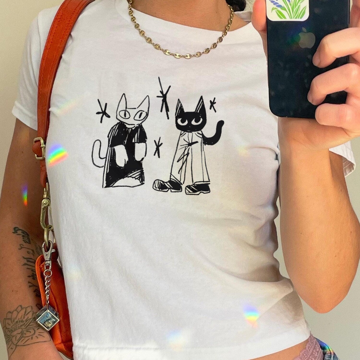 Silly Black Cat Shirt - Rockstar Kitten Shirt, Graphic Y2k Baby Tee, Trendy Babytee, Y2K Tee-Shirt, Weirdcore Baby Tee, Grunge Cat Shirt