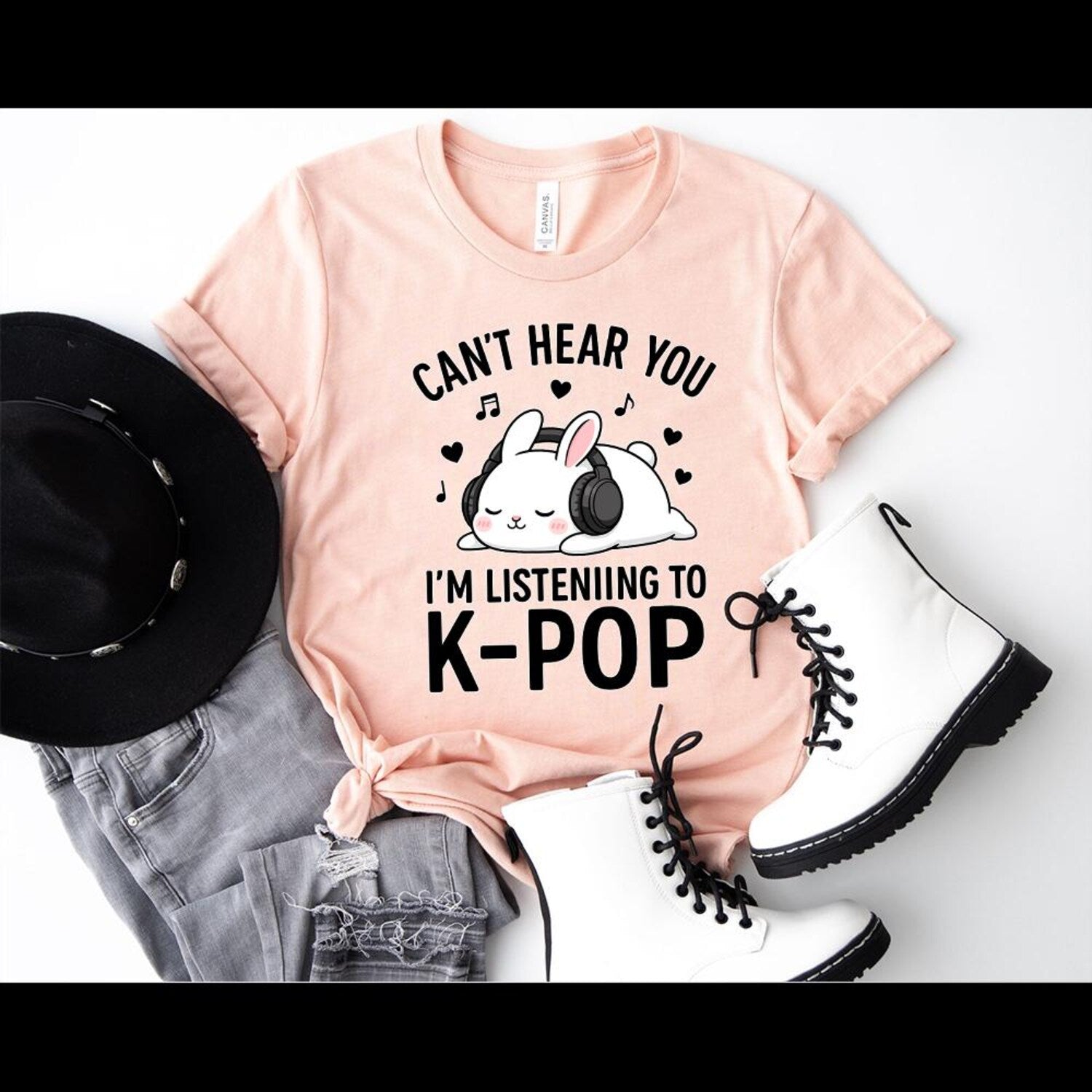 Can't Hear You I'm Listening to Kpop Cute Rabbit K-Pop Kawaii Shirt, Cute Rabbit Music Lover Shirt, Korean Music Aesthetic, K-Pop Fan Art