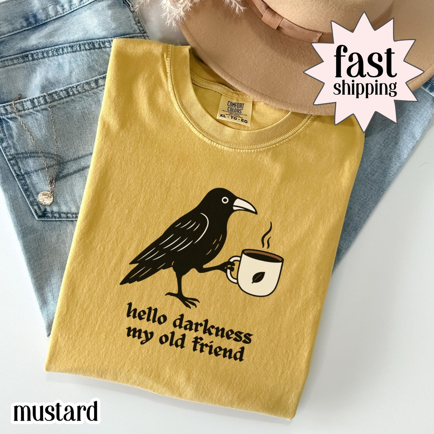 Coffee Lover Comfort Colors® T-Shirt: Raven Crow Fall Halloween Tee, Gothic Gift