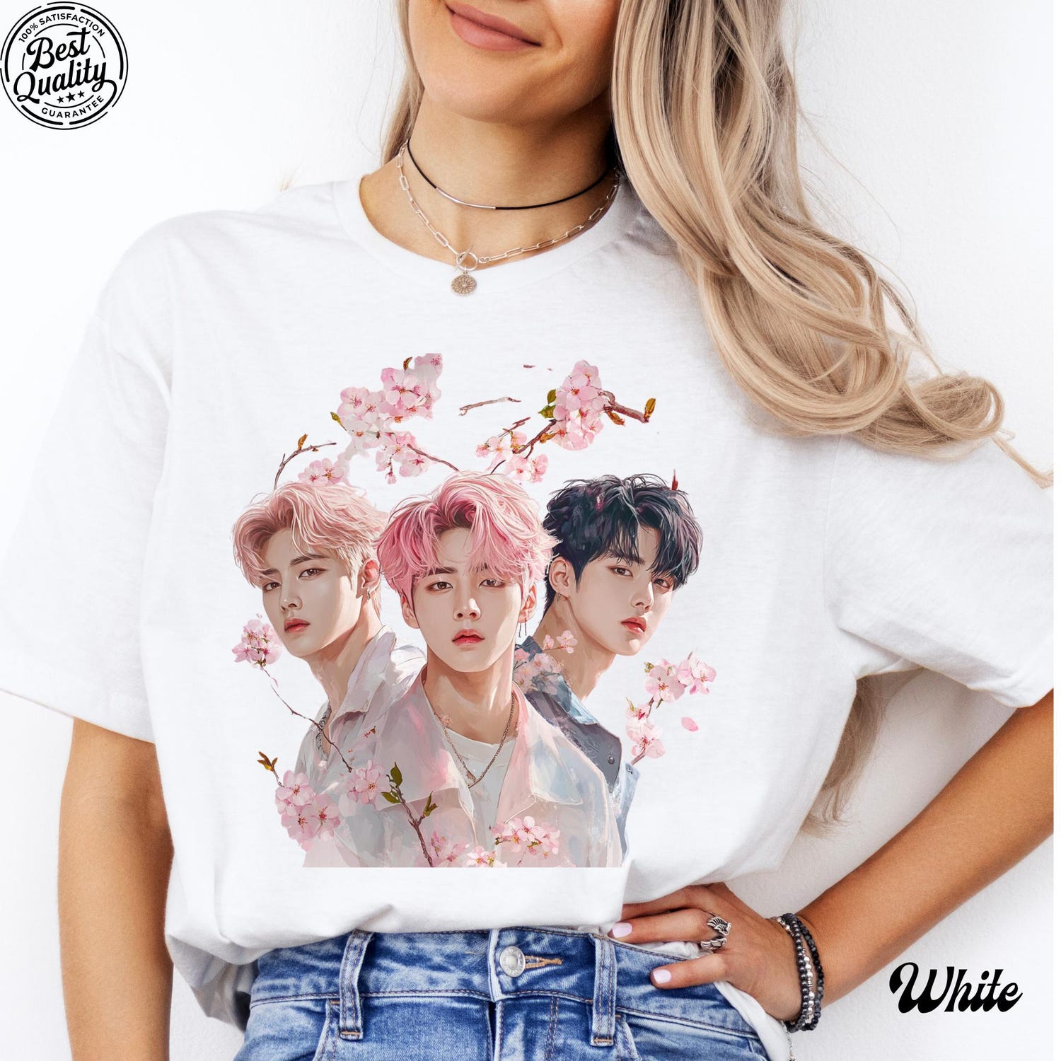 Kpop Aesthetic Shirt with Cherry Blossoms, Korean Style Graphic Tee, Anime Inspired Fan Art Shirt, Cute Aesthetic T-Shirt, K-pop T-Shirt