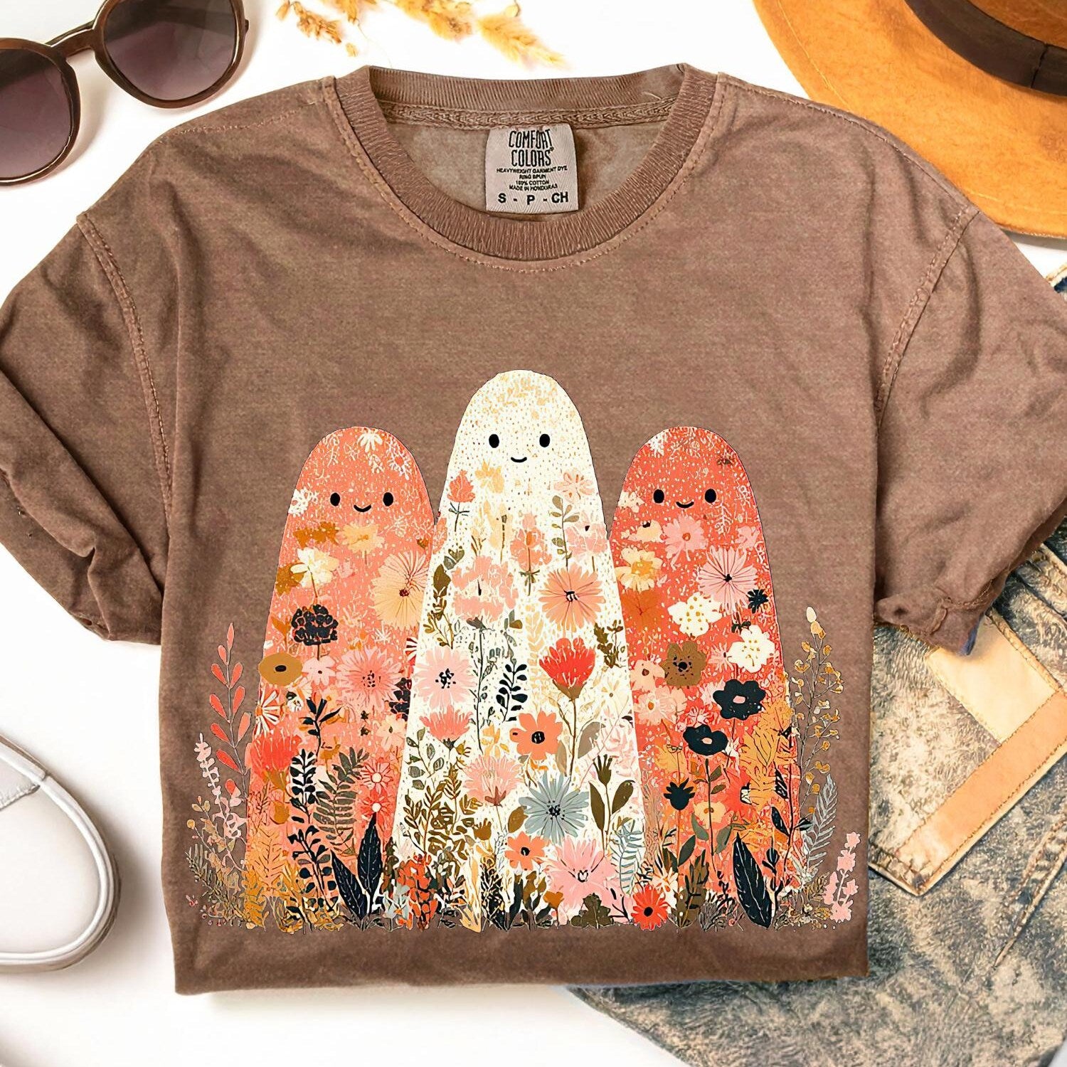 Comfort ColorsÂ® Cute Ghost in Wildflowers Shirt Spooky Fall Aesthetic Halloween Floral Tee Retro October Graphic T-Shirt Cozy Ghostcore Gift