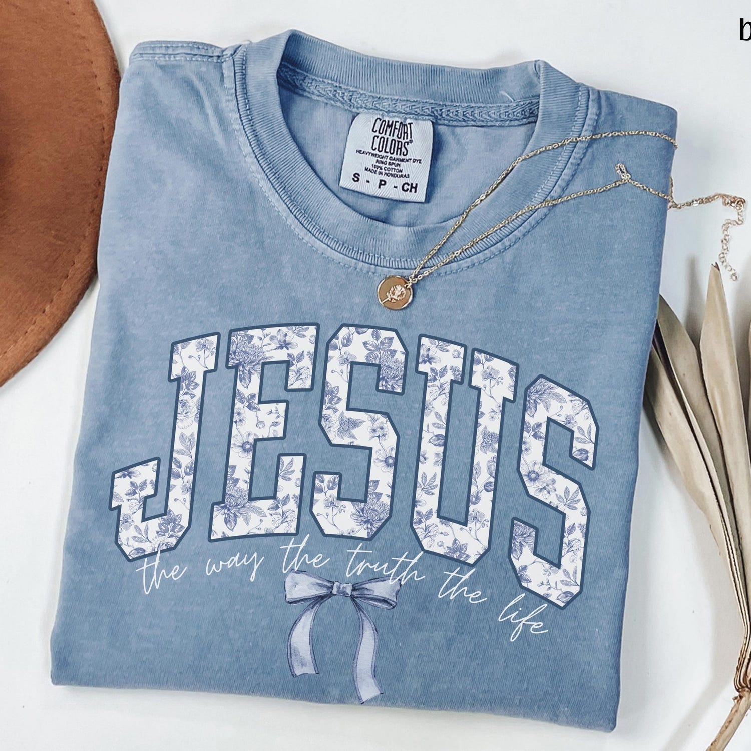 Christian Jesus Shirt, Blue Floral Bow Bible Verse Tshirt, Trendy Faith Apparel Gift, Jesus Loves You, The Way The Truth The Life