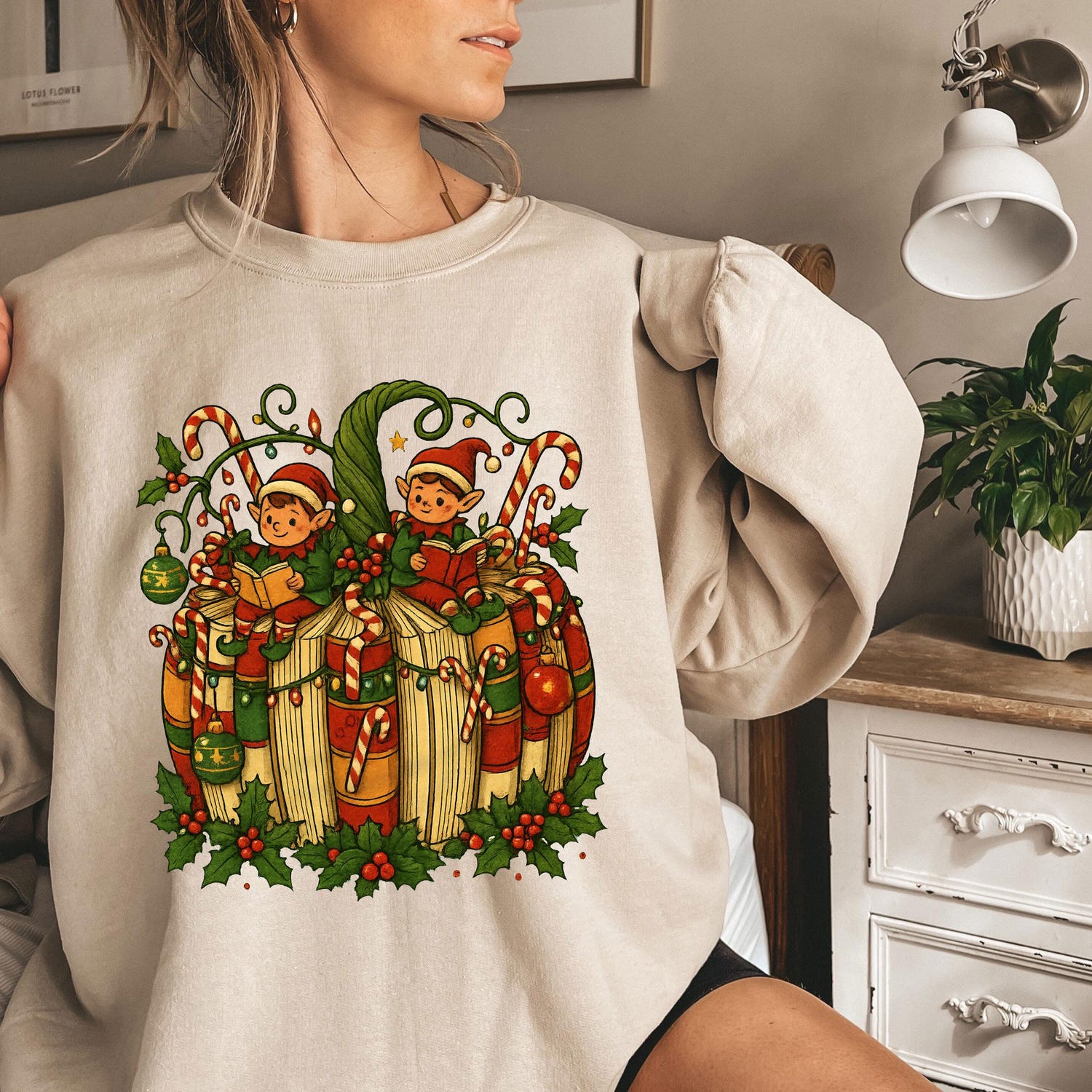 Christmas Reading Shirt, Retro Elves on Book Stack, Cozy Book Lover Tee, Vintage Holiday Style, Cute Bibliophile Aesthetic Gift