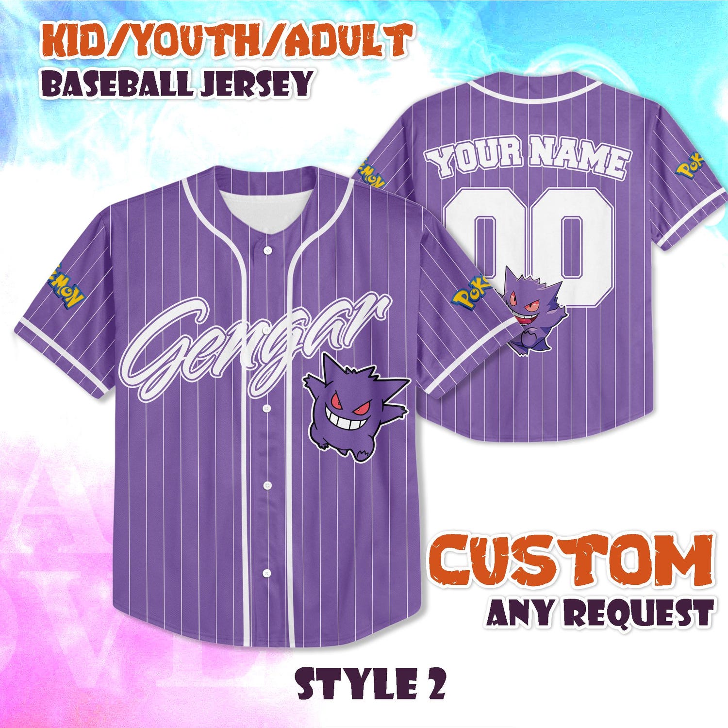CUSTOM Gengar BaseBall Jersey, Gengar Shirt, Personalized Anime Lover, Gift for Fans, Birthday Gifts, Gift for Kid and Adult