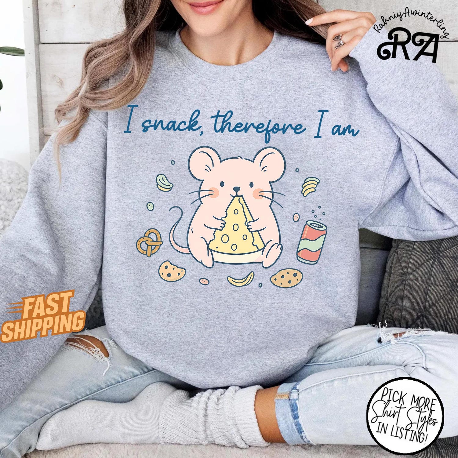 Cute Mouse Doodle Shirt â I Snack Therefore I Am â Funny Pastel Cartoon Cheese & Snack Tee â Kawaii Animal Unisex T-Shirt