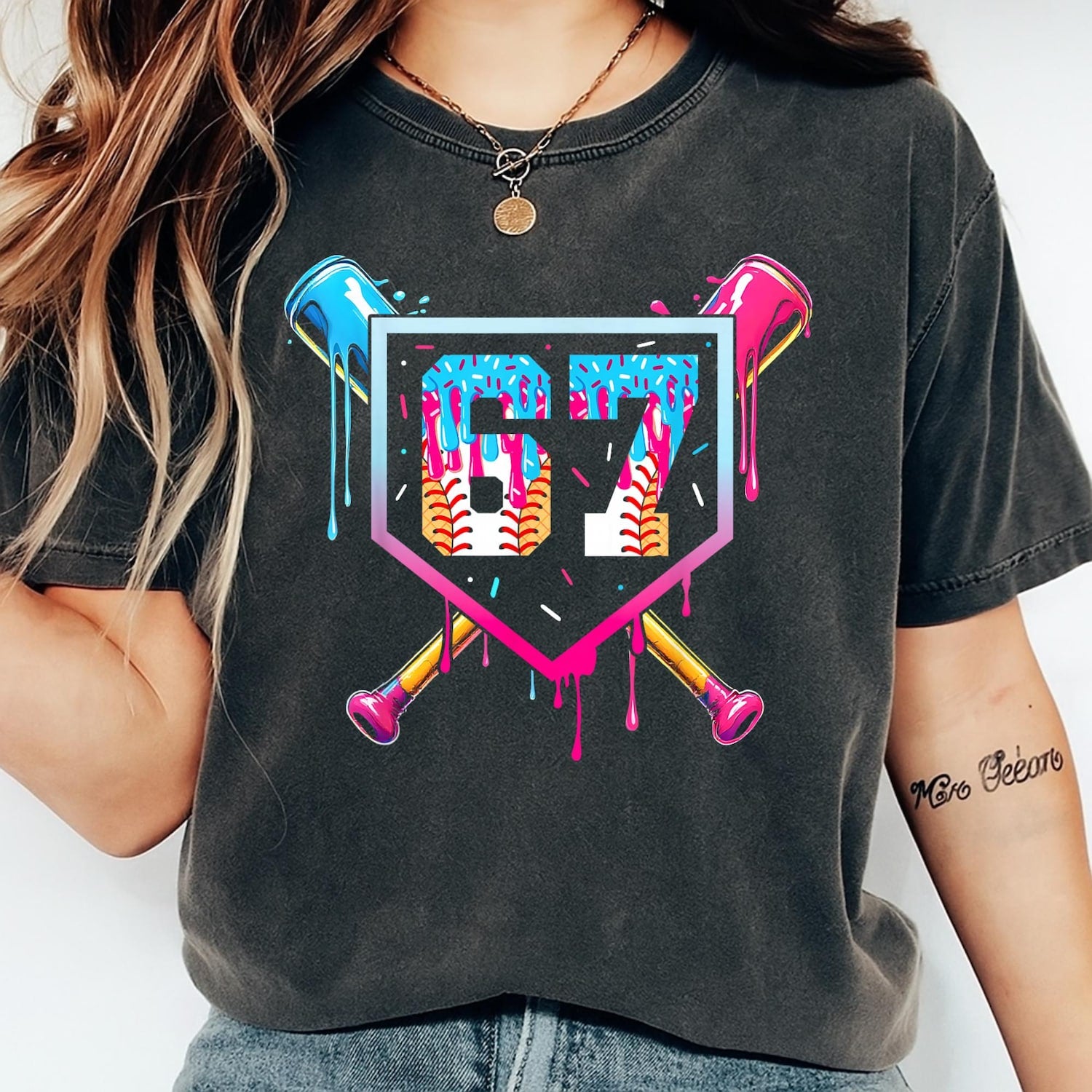 67 Baseball Drip Art T-Shirt: Funny Birthday Gift, Trendy Graphic Tee