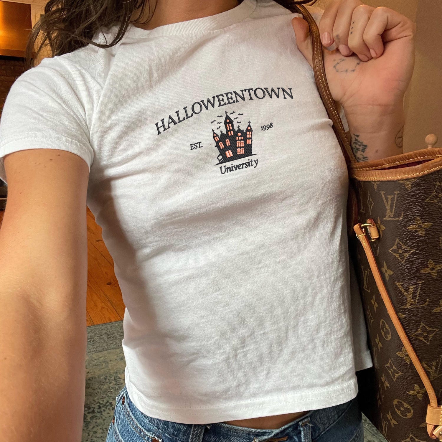 Retro Halloweentown University Shirt Baby Tee - Retro Vintage Halloween Baby Tee, Y2k Fitted Tee Shirt, Goth Graphic Baby Tee, Grunge Shirt