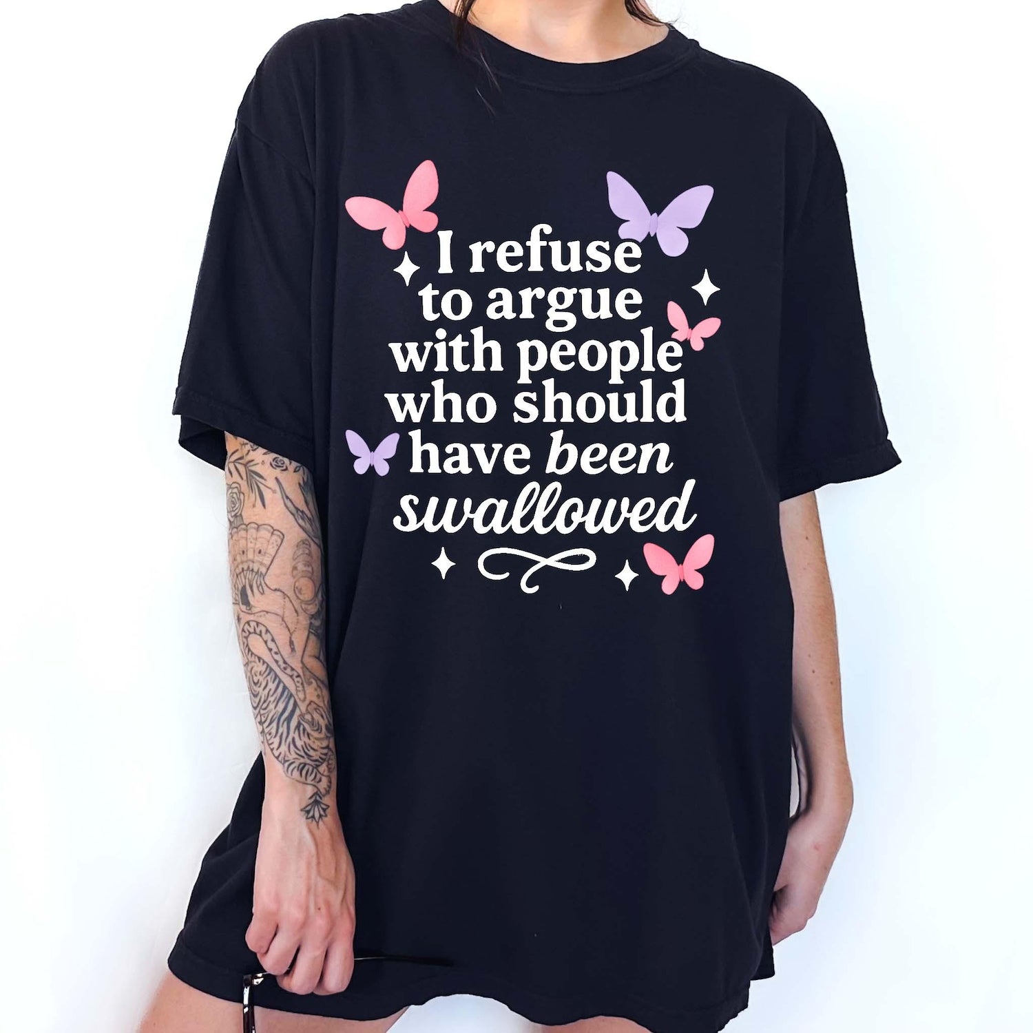 I Refuse to Argue T-Shirt â Funny Sarcastic Butterfly Graphic Tee, Bold Feminist Pastel Aesthetic Shirt for Women