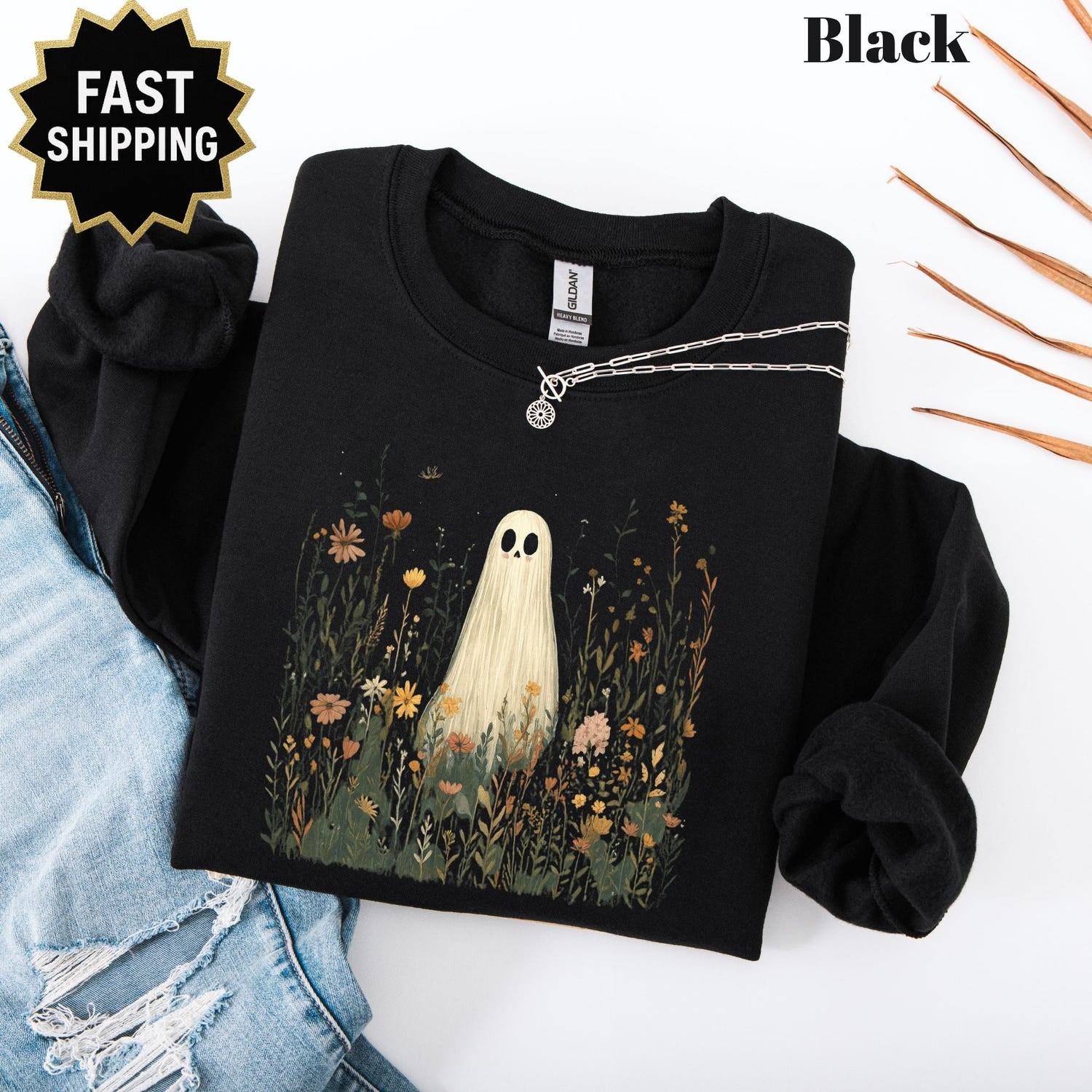 Cute Ghost in Wildflowers Shirt Spooky Fall Aesthetic Halloween Floral Tee Retro October Graphic T-Shirt Cozy Ghostcore Gif