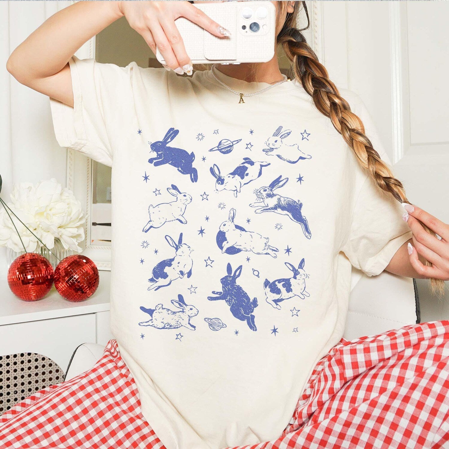 Celestial Bunny T-shirt, Vintage Tattoo Top, Rabbit Graphic Tee for Men Women, Cottagecore Animal Shirt, Nature Gift for Her Him