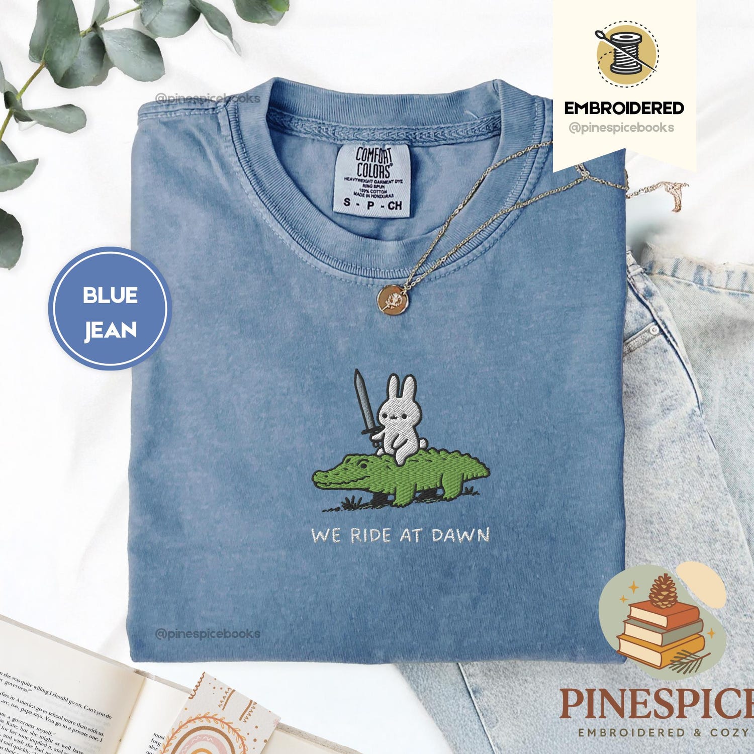 We Ride at Dawn T-Shirt, Bunny and Alligator Embroidered Tee, Comfort Colors 1717, Funny Ren Faire Shirt, Whimsical Animal Top