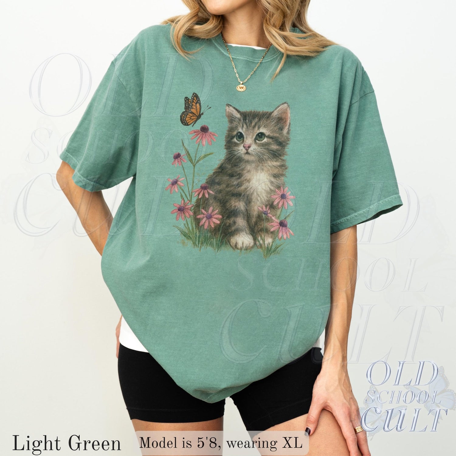 Vintage Kitten T-Shirt, Cute Cat & Butterfly Floral Graphic Tee, 90s Cottagecore Nature Shirt, Comfort ColorsÂ® Flower Cat Ivory Top