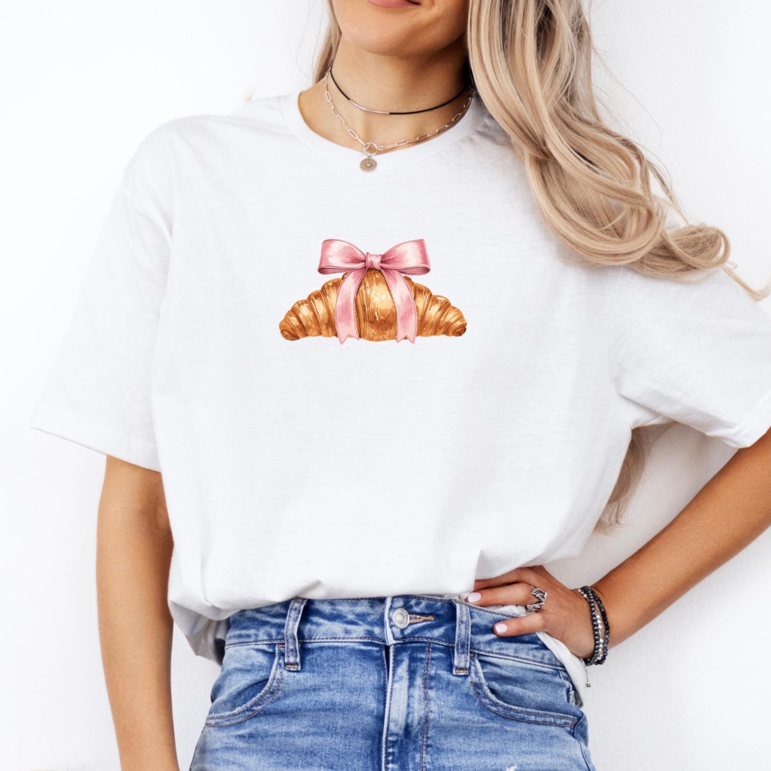 Coquette Croissant Shirt Pink Bow Pastry Tee Cute Bakery Aesthetic T Shirt Feminine Graphic Top Gift for Her Soft Girl Outfit
