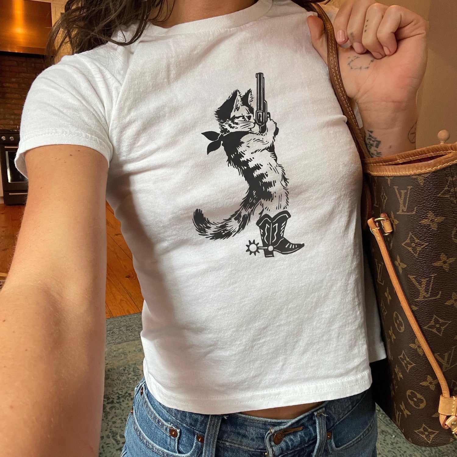 Cowboy Cat Shirt Baby Tee, Grunge Baby Tee, Retro Vintage Tee Shirt, Trendy Babytee, Y2k Fitted Tee, Black Cat Baby Tee, Pinterest Style Tee