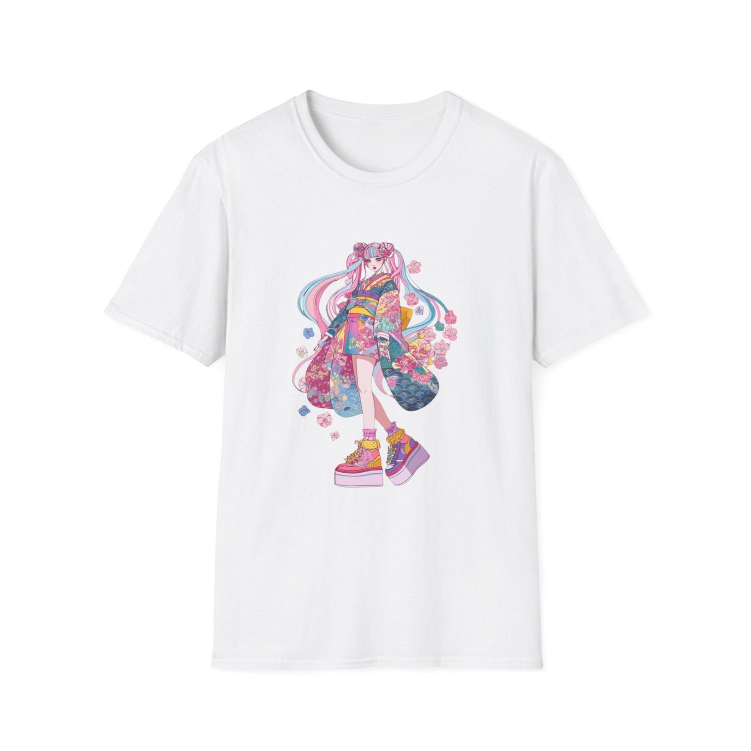 Kawaii Harajuku Girl T-Shirt - Japanese Kimono Fashion Anime Art - Cute Manga Character Tee Softstyle Cotton Shirt