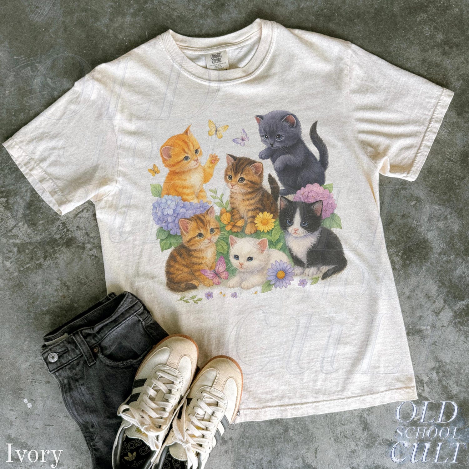 Cute Kitten Graphic T-Shirt, Vintage Cat Lover Tee, Comfort ColorsÂ® Ivory Shirt, Retro Floral Kitty Top, Aesthetic Cottagecore Gift