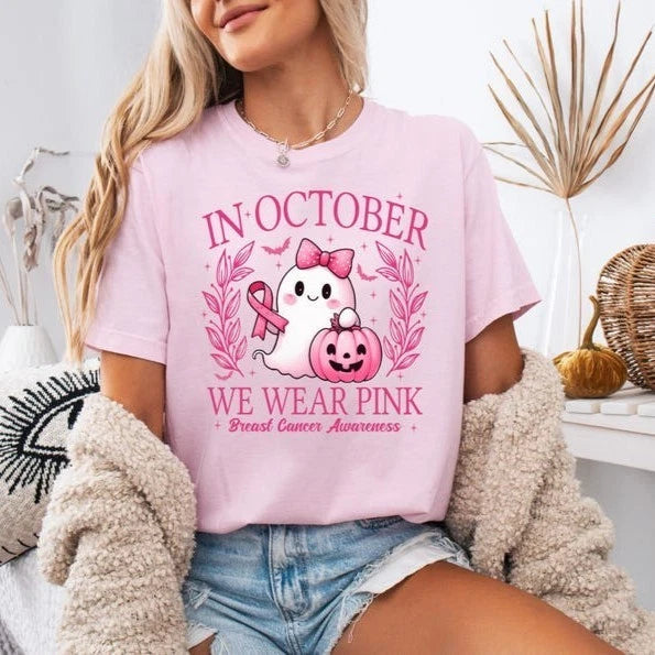 Breast Cancer Awareness Shirt, In October We Wear Pink Ghost Tee, Cute Halloween