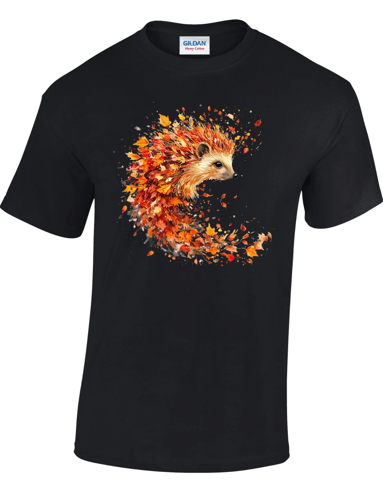 Autumn Leaves 'hedgehog' Printed T-shirt Gildan Medium Cotton Black Nature