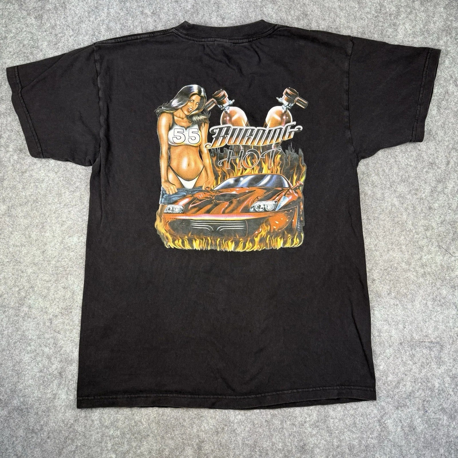 Men’s Hot Rod Drag Racing T Shirt Sexy Woman Black Short Sleeve Size L Vtg Y2k