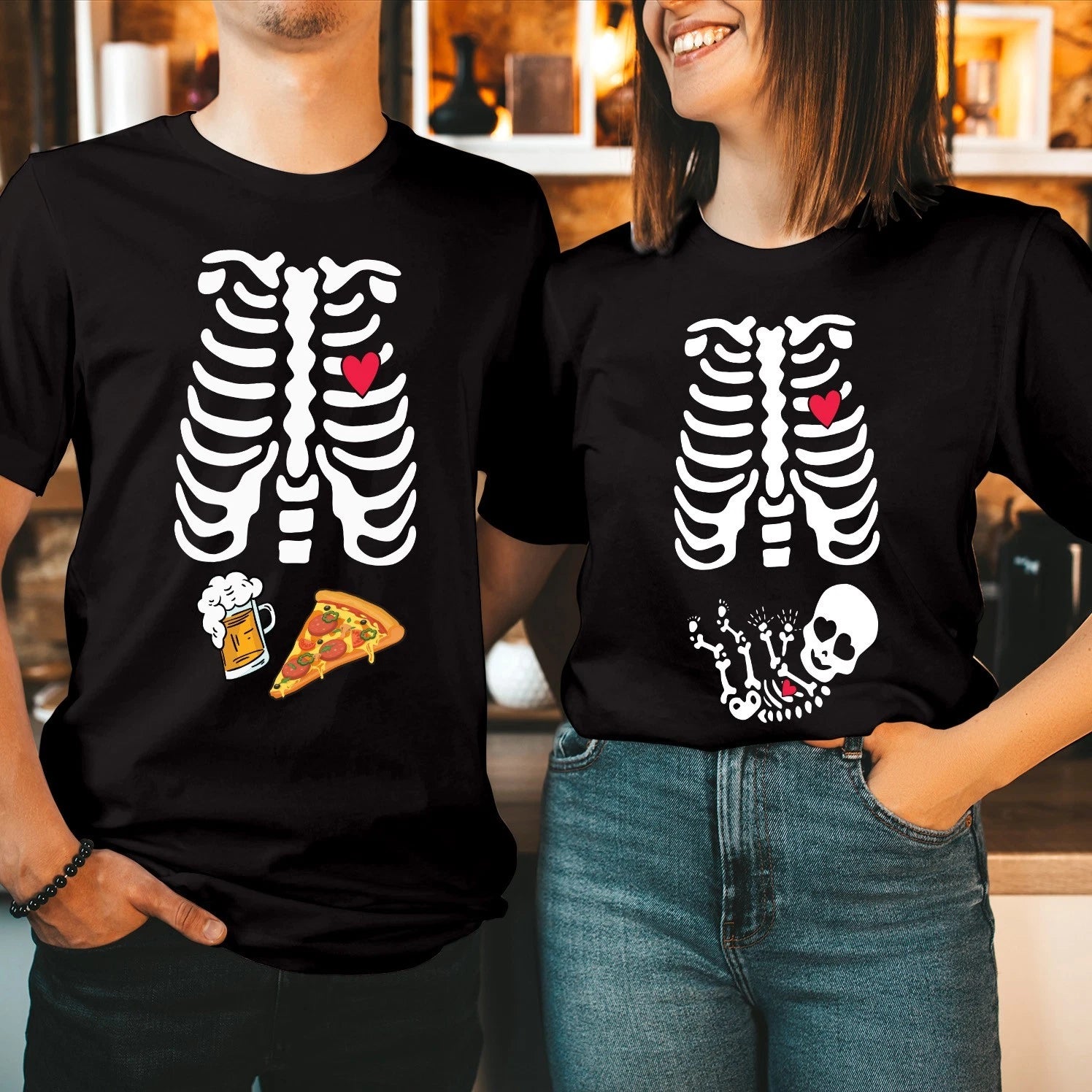 Beer And Pizza Skeleton Ribcage Halloween Maternity T-shirt Couple Matching Top