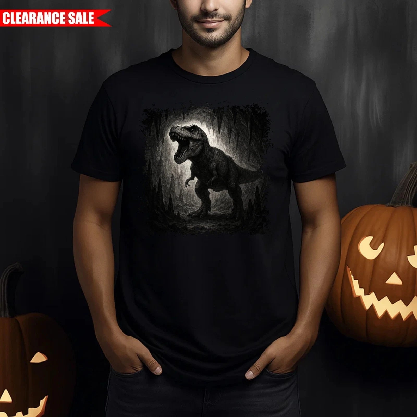 Dinosaur T-shirt Cave Prehistoric T-rex Printed Halloween Gift Crew Neck Men Top