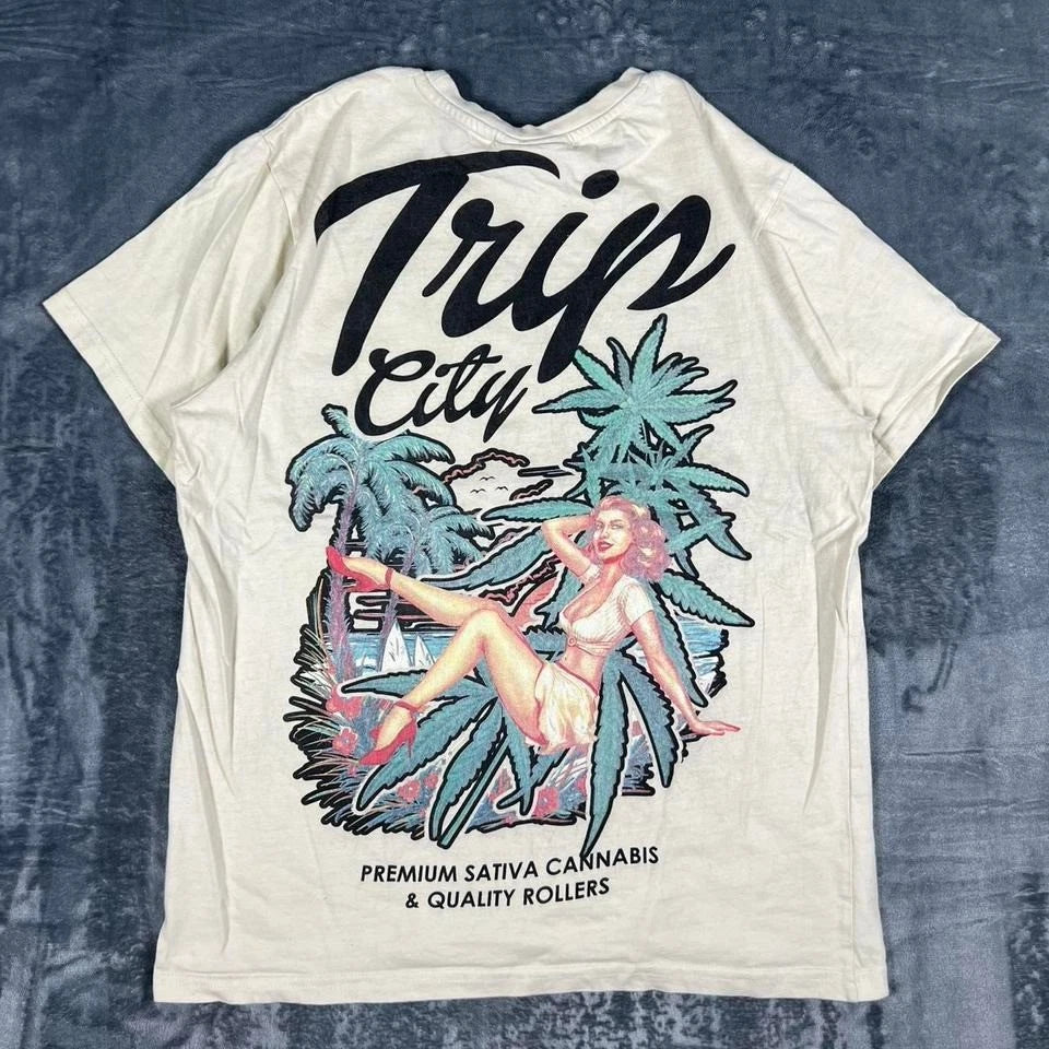 Y2k Trip City Cannabis Tan Graphic T-shirt - Size Large - Measurements Listed