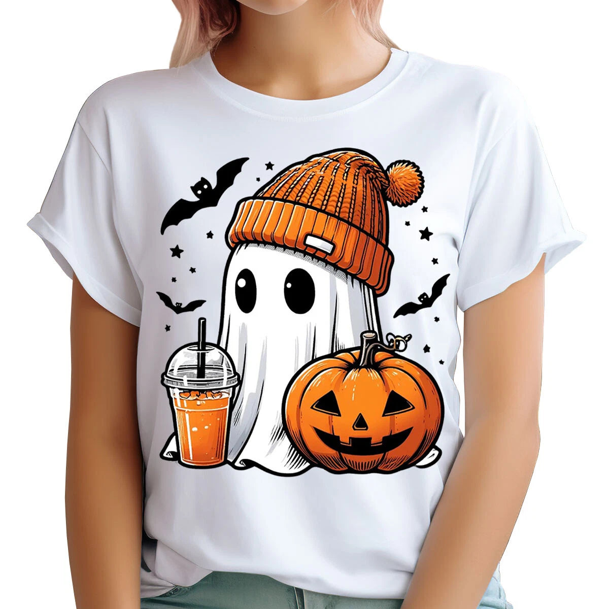 Cozy Ghost With Pumpkin &amp; Beverage Halloween T-shirt Graphic For All Ages #t447