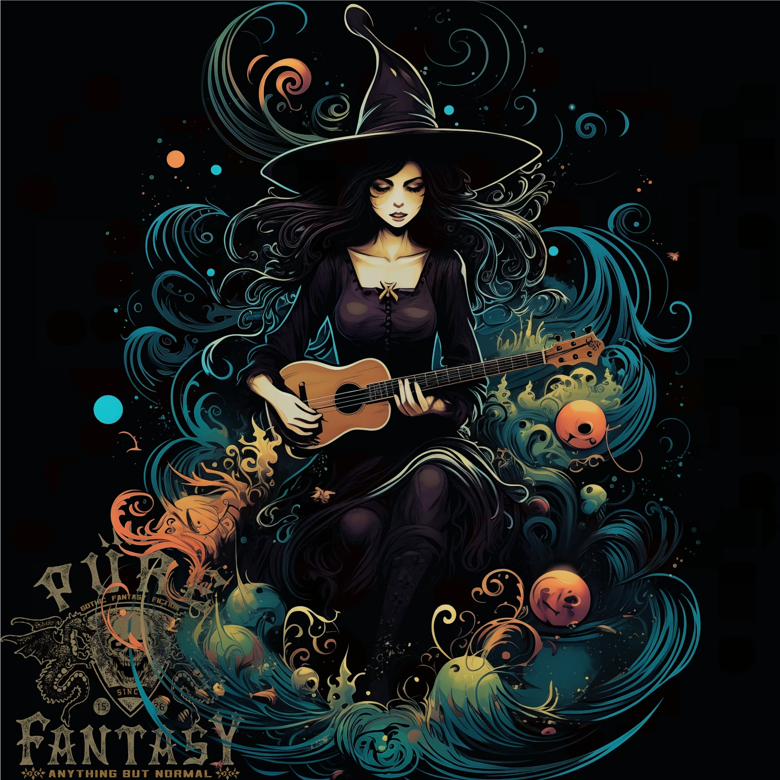 A Witch Playing A Guitar Halloween Fantasy Mens T-shirt 100% Cotton