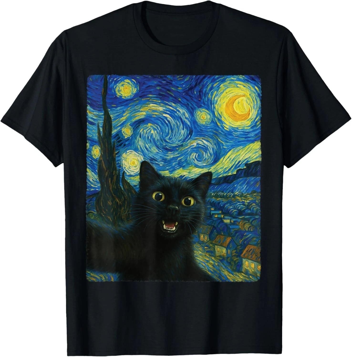 Black Cat Starry Night Van Gogh Cat Selfie Cat Mom Cat Lover Unisex T-shirt