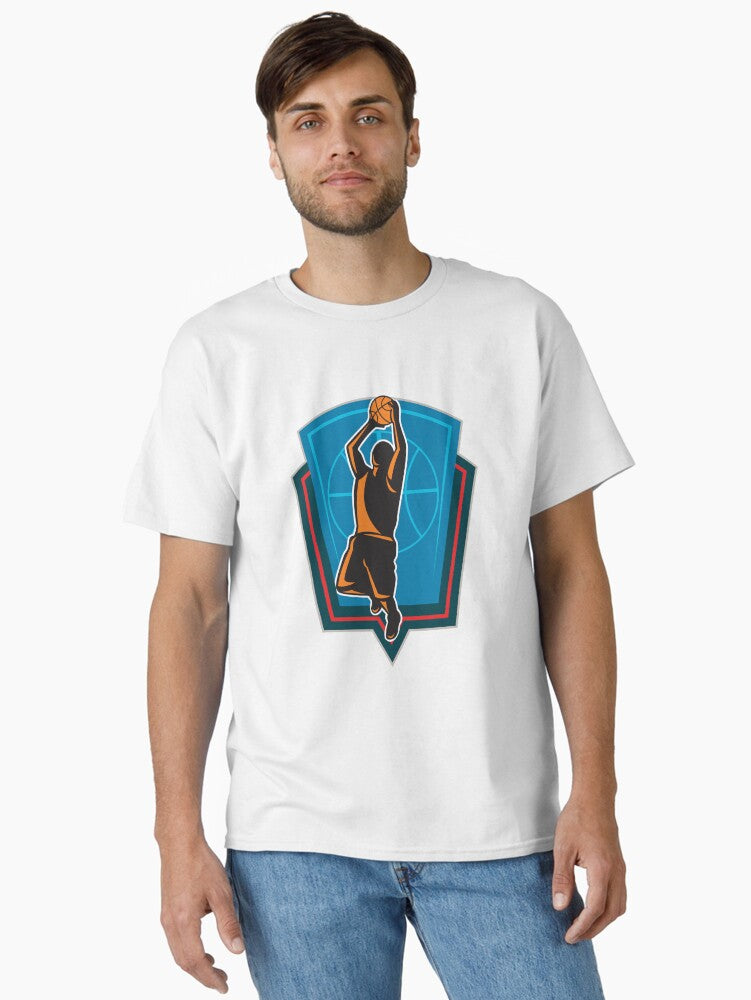 Basketball Player Rebounding Ball Shield Retro Classic T-shirt | Premium Basketball Jersey | Fan Edition Apparel